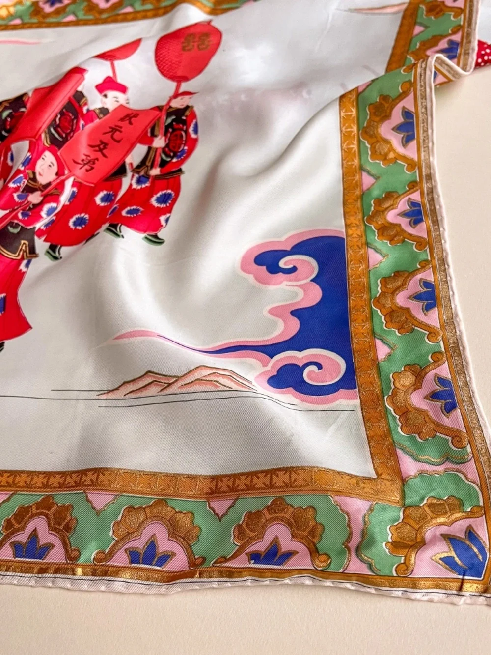 Vintage 1950s Ancient Chinese Wedding Parade Silk Scarf